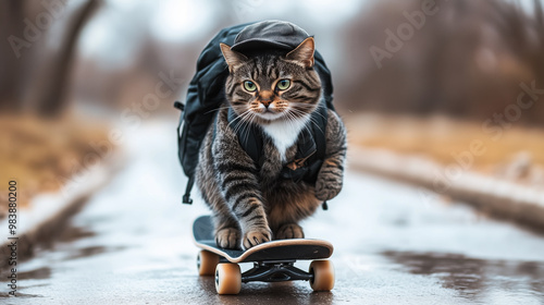 A cat is riding skateboard to work with backpack, showcasing its adventurous spirit photo