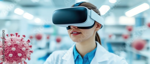 Scientist wearing VR goggles interacting with a 3D model of a virus in a hightech biotech lab photo