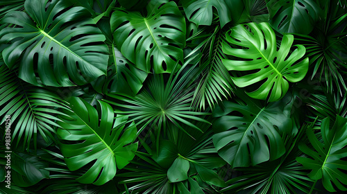 A Lush Tropical Green Leaf Background with Vibrant Monstera and Palm Leaves, Creating a Dense and Textured Natural Pattern