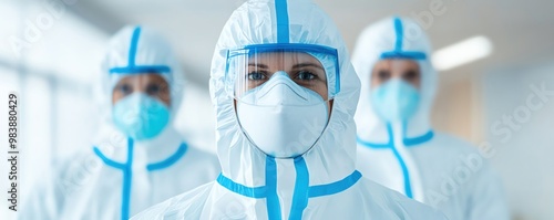 Team of scientists wearing protective gear conducting experiments with biohazardous materials photo