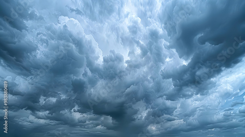 A dramatic sky with thick, swirling clouds in shades of blue and gray, suggesting a powerful storm brewing