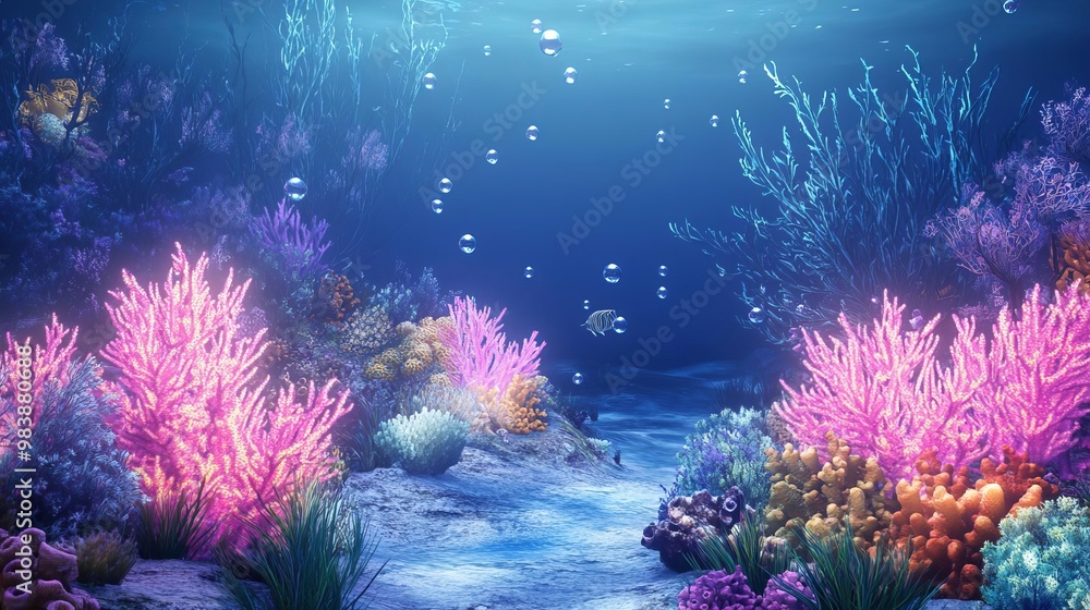 Obraz premium A 3Drendered underwater backdrop with glowing coral, fish, and bubbles rising, creating a magical deepsea environment, cool tones, soft lighting, aquatic mood