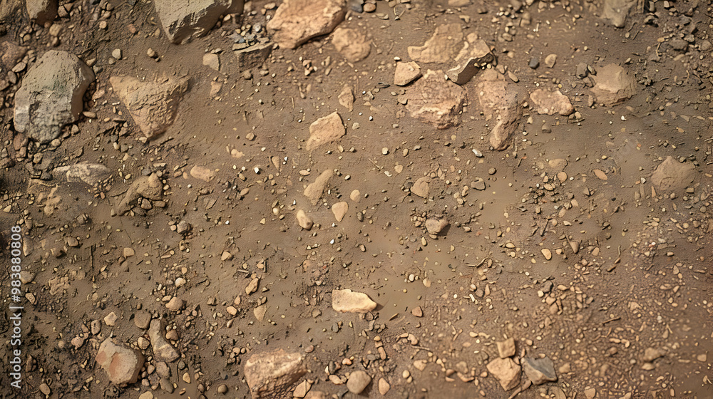 Close-up View of Brown Soil with Scattered Rocks, Creating a Textured Surface Close-up View of Brown Soil with Scattered Rocks, Creating a Textured Surface