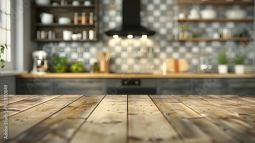 Wallpaper Mural A Rustic Wooden Tabletop with a Blurred Background of a Modern Kitchen with Open Shelving and Checkerboard Tile Torontodigital.ca