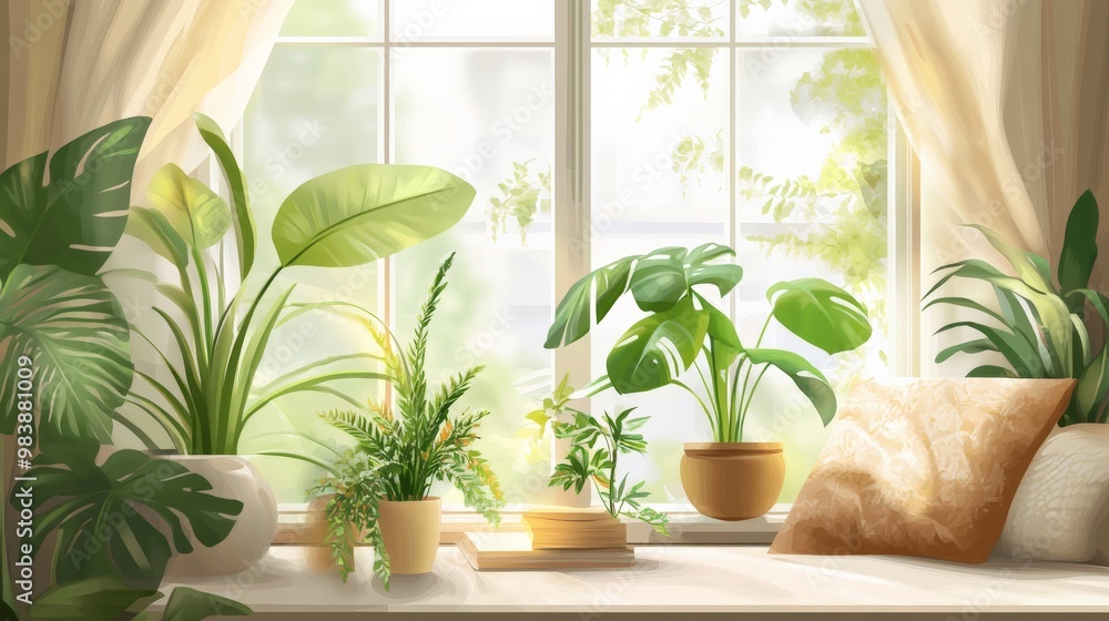 Peaceful Indoor Oasis: Lush Greenery Fills Cozy Window Peaceful Indoor Oasis: Lush Greenery Fills Cozy Window