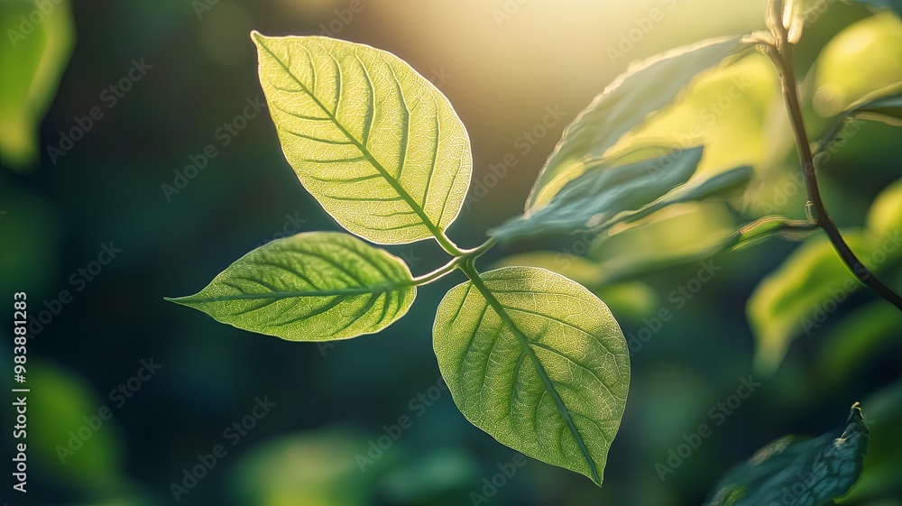 Obraz premium A beautiful fresh green leaf highlighted by the sun. The plant has a beautiful expressive structure. 