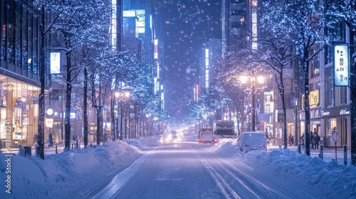 Snowy Evening in a Japanese City Street