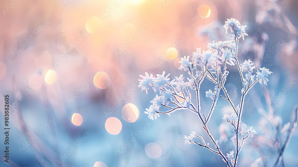 Frost-Covered Branch with a Soft, Glowing Background and Delicate Bokeh Effects in a Winter Wonderland Setting Frost-Covered Branch with a Soft, Glowing Background and Delicate Bokeh Effects in a Winter Wonderland Setting