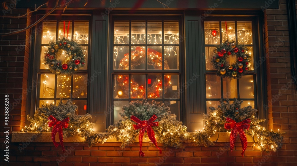 Obraz premium Christmas wreaths and glowing fairy lights are decorating the windows of a house, creating a magical festive holiday atmosphere in the evening outdoor. New year decor for home exterior and interior