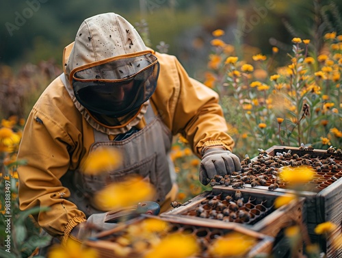 Beekeeper in protective gear tending to honeybees in a lush meadow filled with wildflowers photo