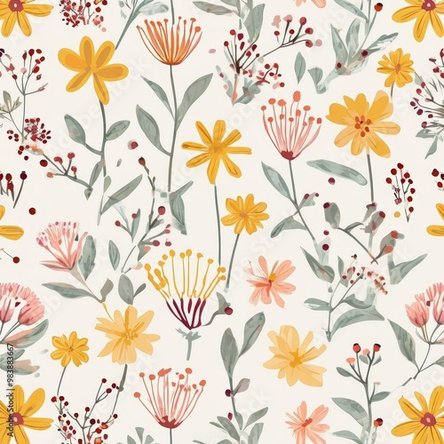 Autumn floral seamless pattern featuring leaves and flowers, perfect for nature-inspired designs, wallpapers, and textiles