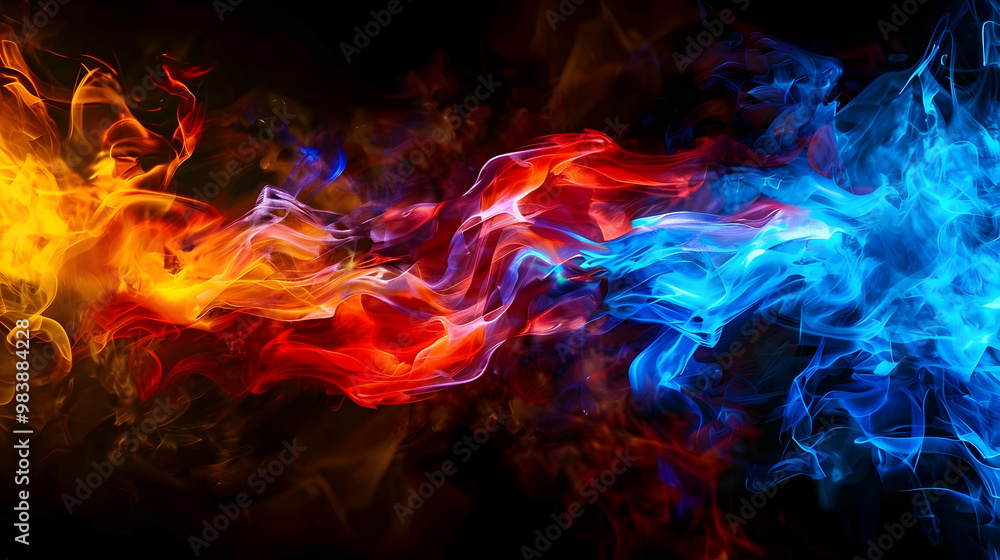 Fototapeta premium Abstract Fire and Ice Smoke Design, Dynamic Swirling Colors, Vivid Red, Orange, and Blue Hues Against a Dark Background, Creating a Striking Visual Contrast