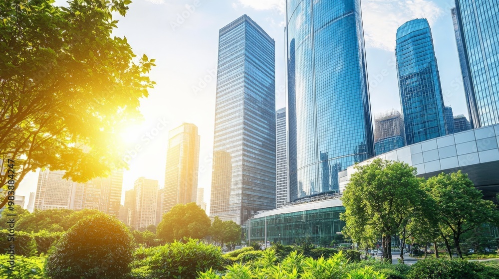Fototapeta premium Towering Skyscrapers in Lush Urban Greenery at Sunset