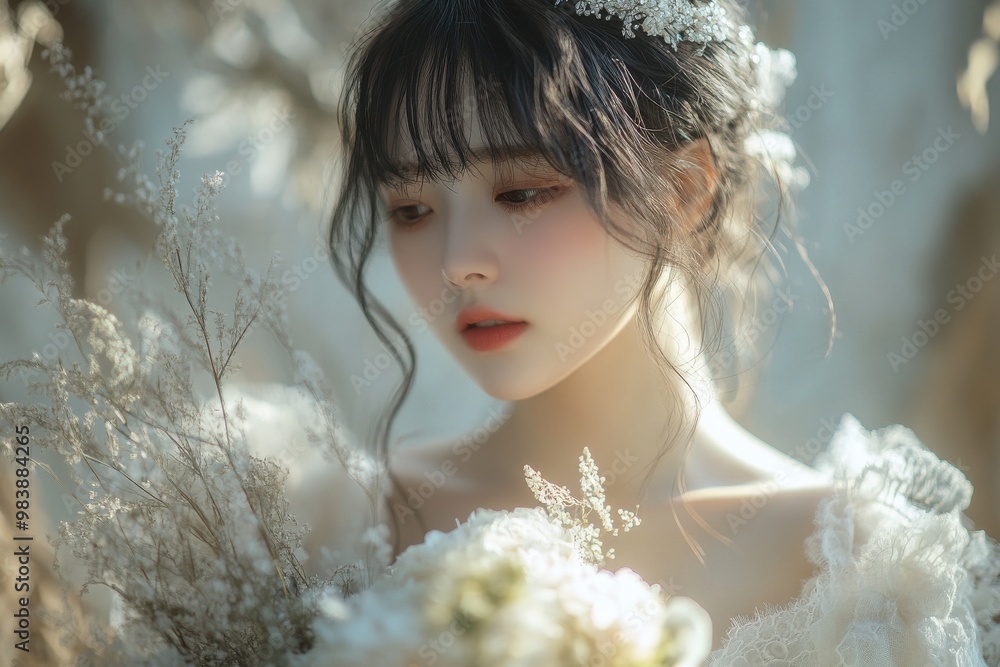 A young Japanese bride is dressed in a beautiful white wedding gown, A young Japanese bride is dressed in a beautiful white wedding gown,