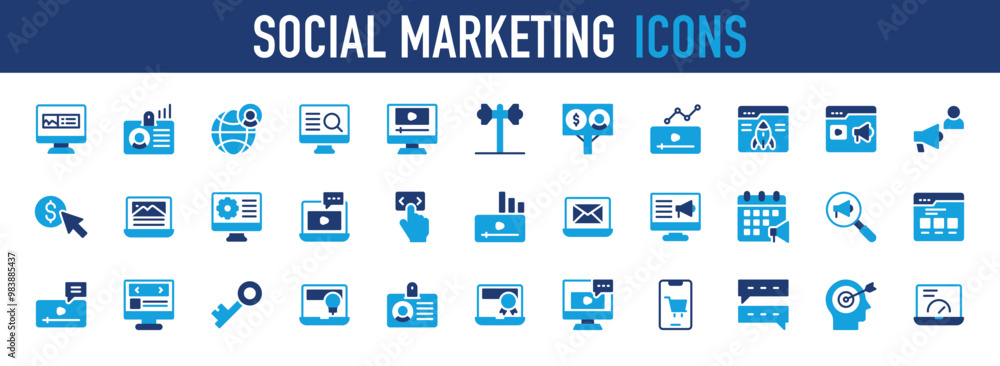 Social Marketing icons set. Press, Global Connection, Video Player, Image Editing, Video Playing, Performance, Identity Card, Rocket Launch, Announcement, User Account, Pay Per Click, Laptop vector. Social Marketing icons set. Press, Global Connection, Video Player, Image Editing, Video Playing, Performance, Identity Card, Rocket Launch, Announcement, User Account, Pay Per Click, Laptop vector.