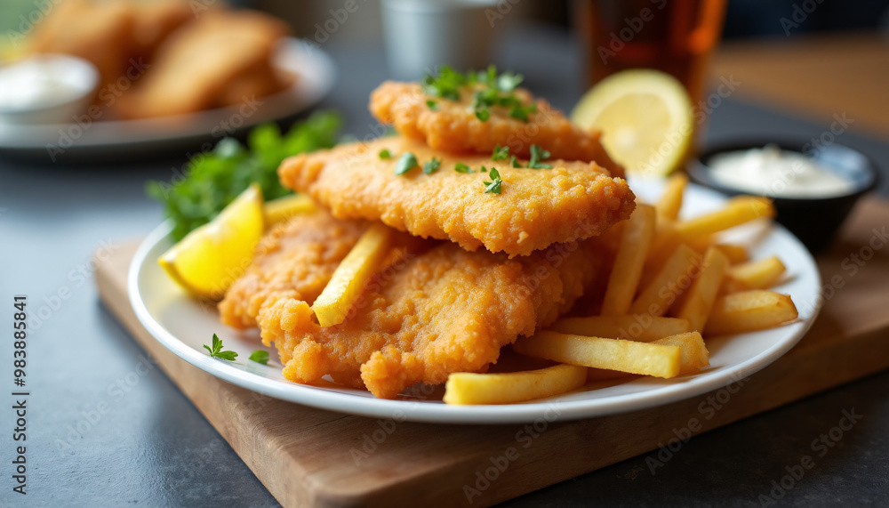 Angled shot of a plate of fish and chips, served with a side of tartar sauce and lemon wedges. Angled shot of a plate of fish and chips, served with a side of tartar sauce and lemon wedges.