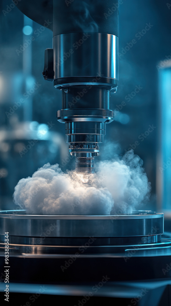 A machine is spewing out smoke and steam. The machine is surrounded by a blue background. The steam and smoke are coming out of a small hole in the machine A machine is spewing out smoke and steam. The machine is surrounded by a blue background. The steam and smoke are coming out of a small hole in the machine