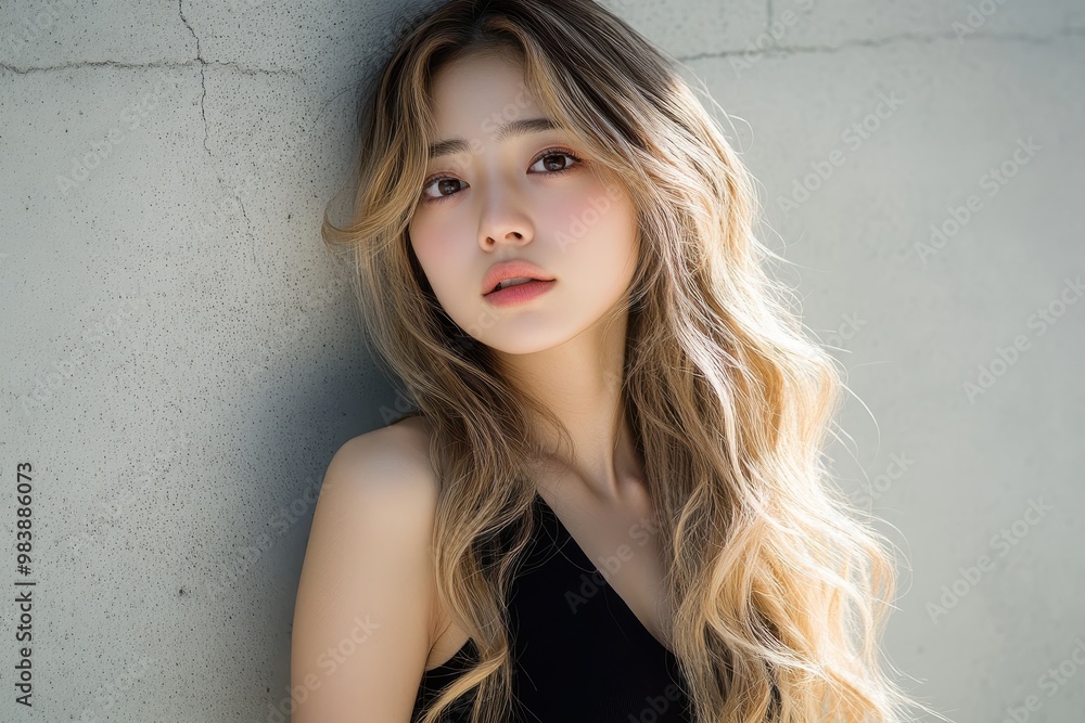 A young Japanese woman with her hair pulled back in a relaxed style poses against a simple, A young Japanese woman with her hair pulled back in a relaxed style poses against a simple,