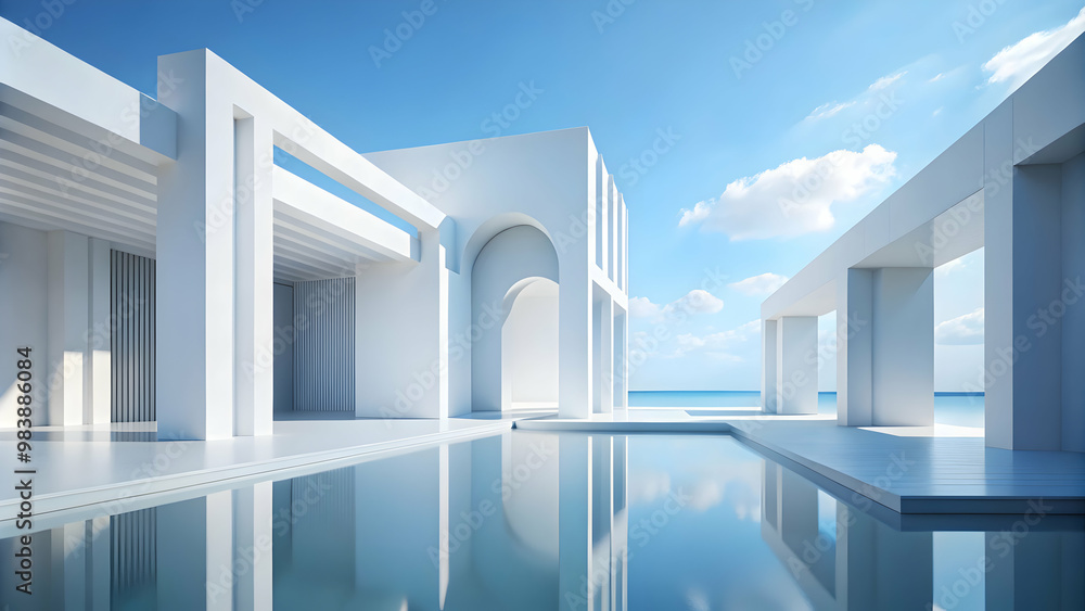 Fototapeta premium Modern geometric design featuring clean lines and water reflection, ideal for interior design inspiration.