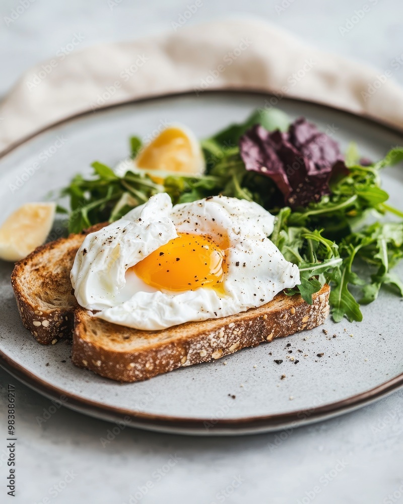 A plate featuring poached egg on toast with a side salad. A plate featuring poached egg on toast with a side salad.