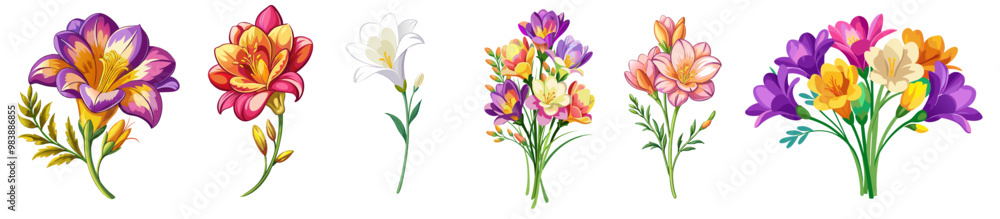 Vibrant Freesia Flower Illustration with Multicolored Petals in Pink, Yellow, and Orange - Ideal for Spring and Summer Floral Themes, Freesia Illustration, Freesia Flower vector Illustration Vibrant Freesia Flower Illustration with Multicolored Petals in Pink, Yellow, and Orange - Ideal for Spring and Summer Floral Themes, Freesia Illustration, Freesia Flower vector Illustration