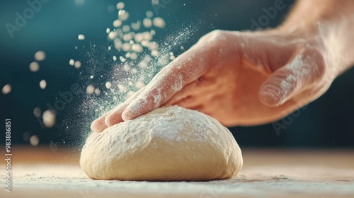 A close up shot of a hand kneading dough, highlighting the process of creating delicious bread and other baked goods. photo