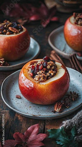 vertical format, Stuffed apples on rustic plates, garnished with nuts and spices, create a warm fall dessert perfect for gatherings