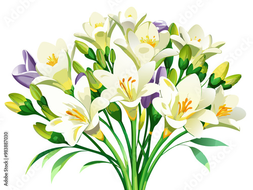 Vibrant Freesia Flower Illustration with Multicolored Petals in Pink, Yellow, and Orange - Ideal for Spring and Summer Floral Themes, Freesia Illustration, Freesia Flower vector Illustration