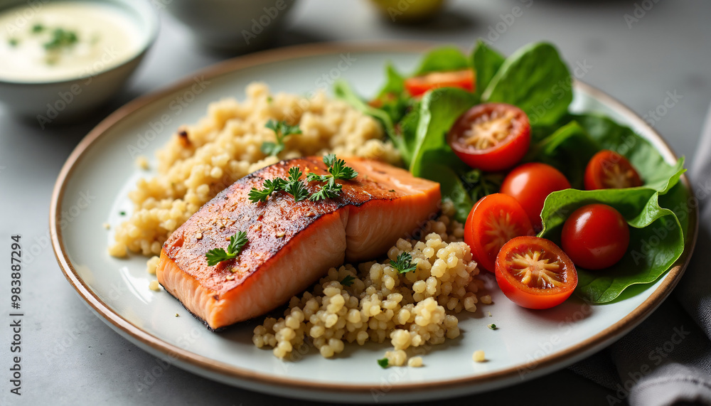 Side view of a plate of grilled salmon, served with quinoa and a side of roasted vegetables.