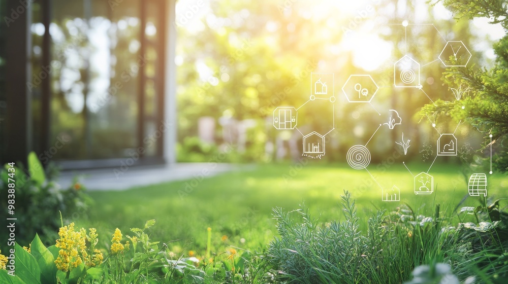 Serene Landscape with Lush Garden and Sunlight Serene Landscape with Lush Garden and Sunlight