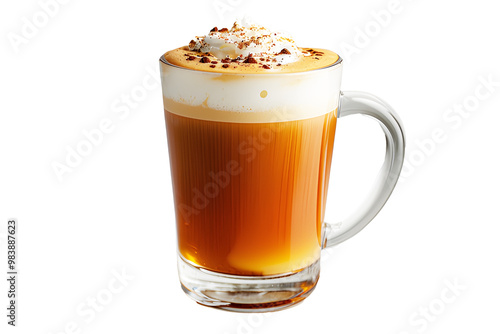 Foamy coffee cappuccino with whipped milk foam and cocoa powder on top, in mug isolated on cut out PNG or transparent background. Realistic drink hot coffee template pattern. Slight sweetness.