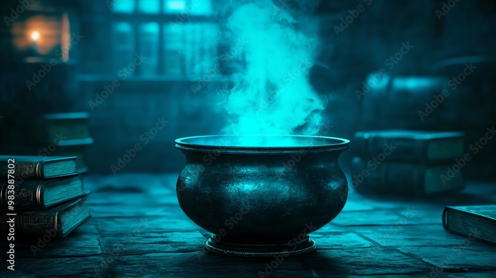 A mystical cauldron emits glowing steam in a dark, enchanting atmosphere surrounded by ancient books. A mystical cauldron emits glowing steam in a dark, enchanting atmosphere surrounded by ancient books.