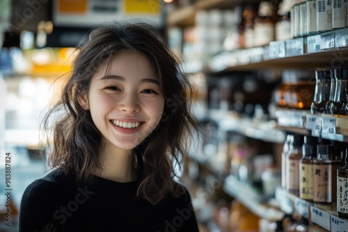 A young Japanese woman with wavy, dark brown hair sits at a desk in a bright,