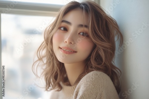 A young Japanese woman with wavy, light brown hair smiles softly while leaning against