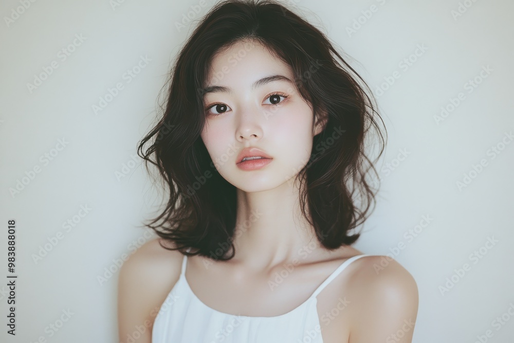 A young Japanese woman with wavy, light brown hair smiles softly while leaning against A young Japanese woman with wavy, light brown hair smiles softly while leaning against