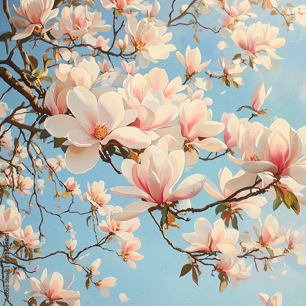 Magnolia tree in full bloom with large white and pink flowers, set against a clear blue sky, a serene and elegant setting Magnolia tree in full bloom with large white and pink flowers, set against a clear blue sky, a serene and elegant setting