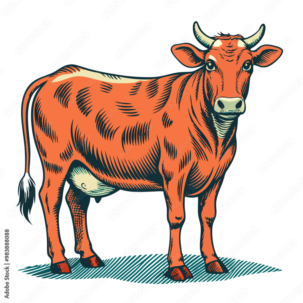 Fototapeta premium Graphical hand-drawn retro cow vector illustration 
