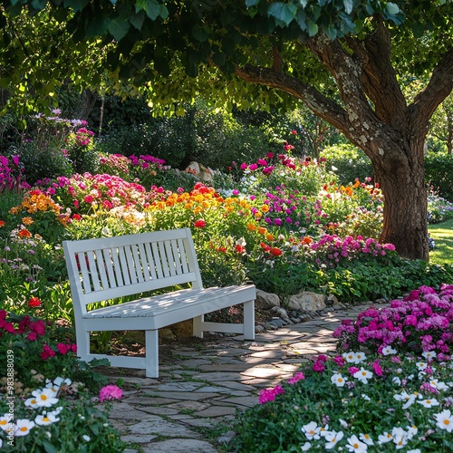 Lush garden in full bloom with a variety of colorful flowers, a white wooden bench under a flowering tree, serene garden setting