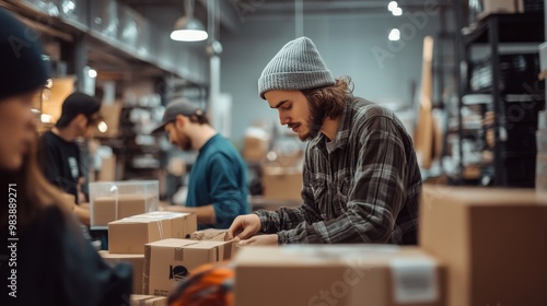 A dynamic shot of a microbusiness team packaging orders for delivery, emphasizing efficiency