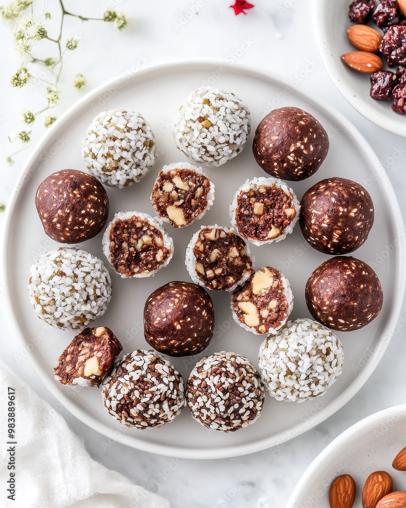A plate of assorted energy balls, some coated in coconut, showcasing healthy snacks. A plate of assorted energy balls, some coated in coconut, showcasing healthy snacks.