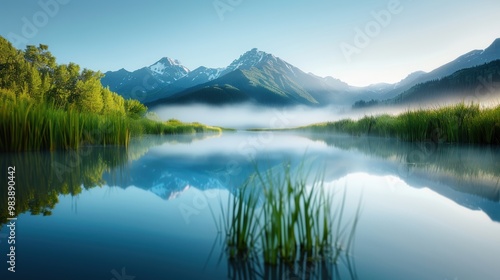 Misty morning light illuminates a mountain range reflected in a still pond.