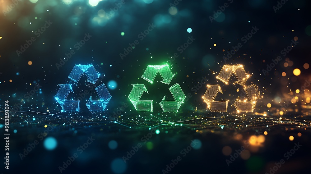 Obraz premium A 3D-rendered image of three interconnected icons representing environment, society, and governance, with each icon glowing in different shades of green, blue, and gold. The icons are arranged