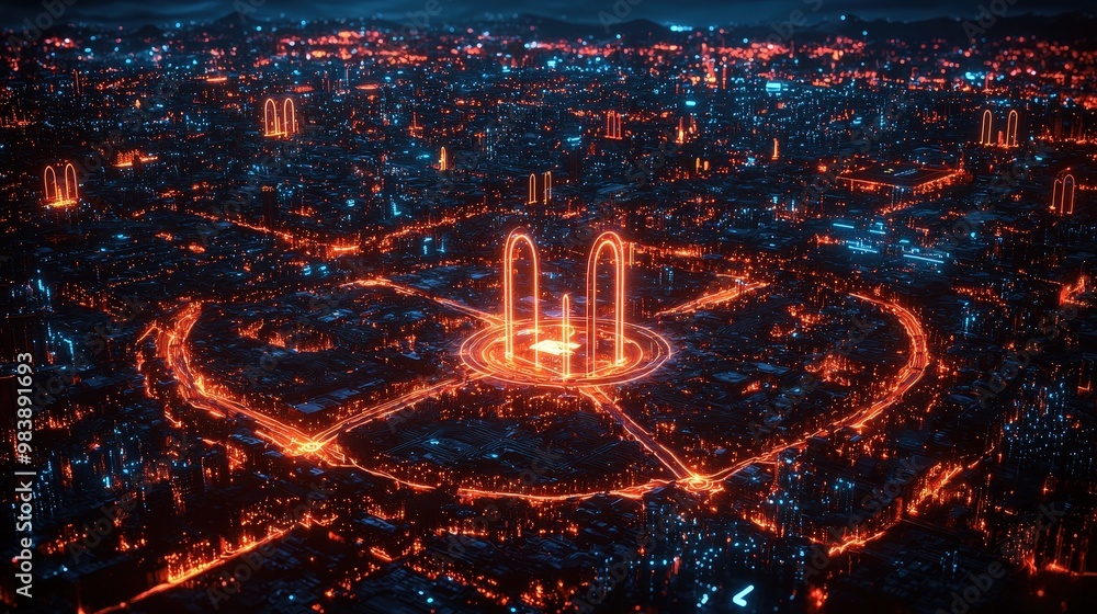 Fototapeta premium Futuristic Cityscape with Neon Lights and Glowing Arches