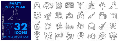 Party and New Year Editable Stroke Icon. Celebration, Dance, Fun, DJ Music, Stemware, Karaoke, Gifts, Champagne, Dance Floor, Fireworks, Gift bag, Pool Party and more.