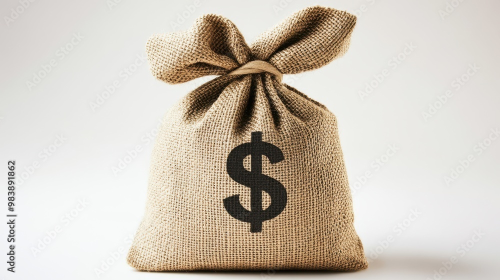 Create an image featuring a single burlap money bag with a dollar sign printed on it. Create an image featuring a single burlap money bag with a dollar sign printed on it.
