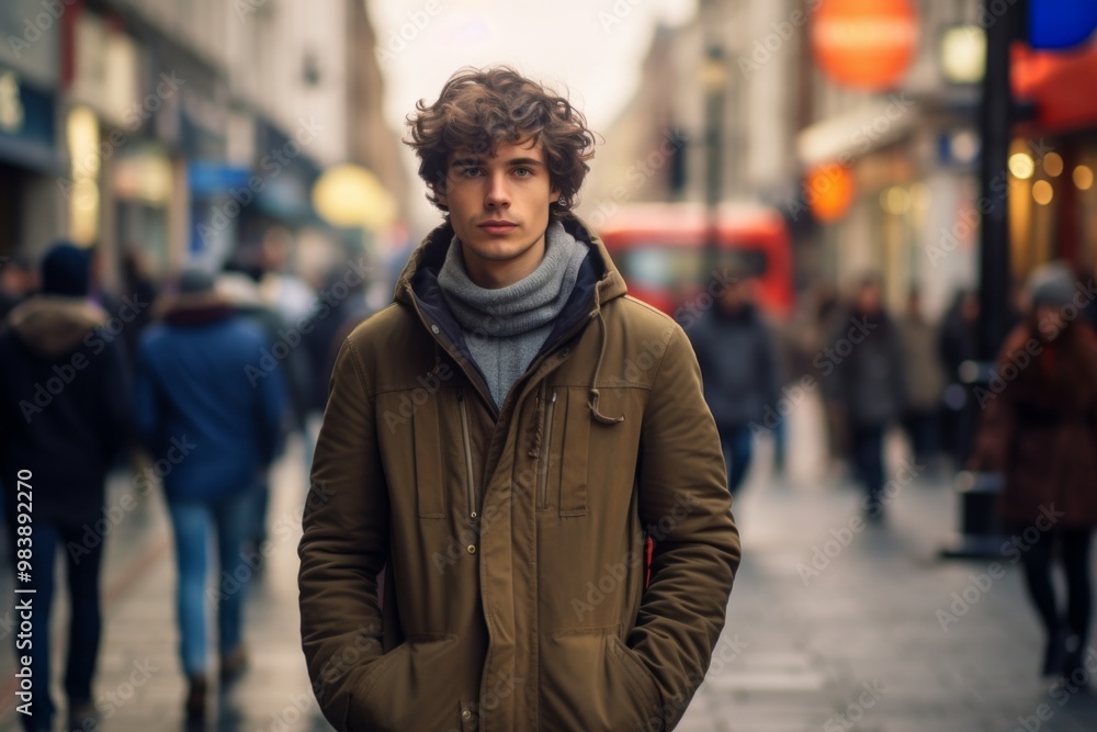 A man in a brown coat stands on a sidewalk in front of a red bus A man in a brown coat stands on a sidewalk in front of a red bus