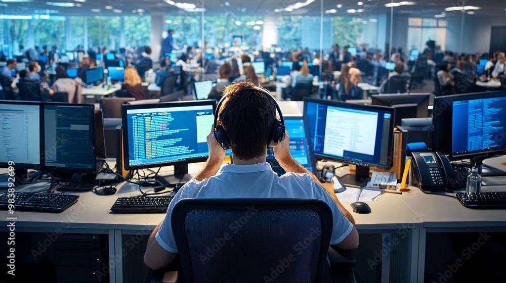 Naklejka premium Back view of a programmer working on a computer in a busy office.