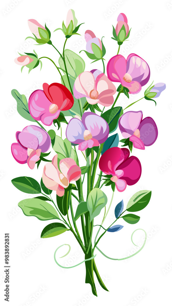 Fototapeta premium Elegant Sweet Pea Flower Illustration - Soft Pink and Red Petals with Lush Green Leaves, Ideal for Romantic and Spring Themes, Sweet Pea Flower vector Illustration, Sweet Pea vector Illustration