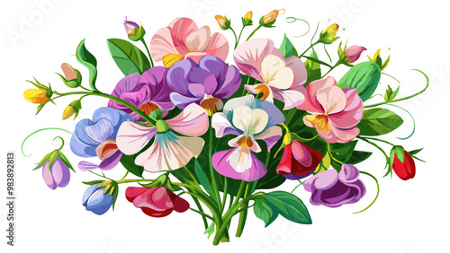 Elegant Sweet Pea Flower Illustration - Soft Pink and Red Petals with Lush Green Leaves, Ideal for Romantic and Spring Themes, Sweet Pea Flower vector Illustration, Sweet Pea vector Illustration