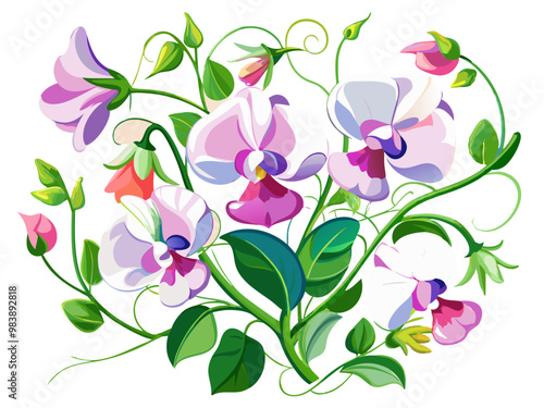 Elegant Sweet Pea Flower Illustration - Soft Pink and Red Petals with Lush Green Leaves, Ideal for Romantic and Spring Themes, Sweet Pea Flower vector Illustration, Sweet Pea vector Illustration